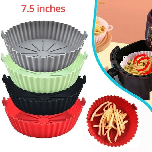 Stacked 7.5-inch air fryer silicone liners pot in five colors for non-stick cooking and easy cleanup. Ideal for crispy, oil-free frying.