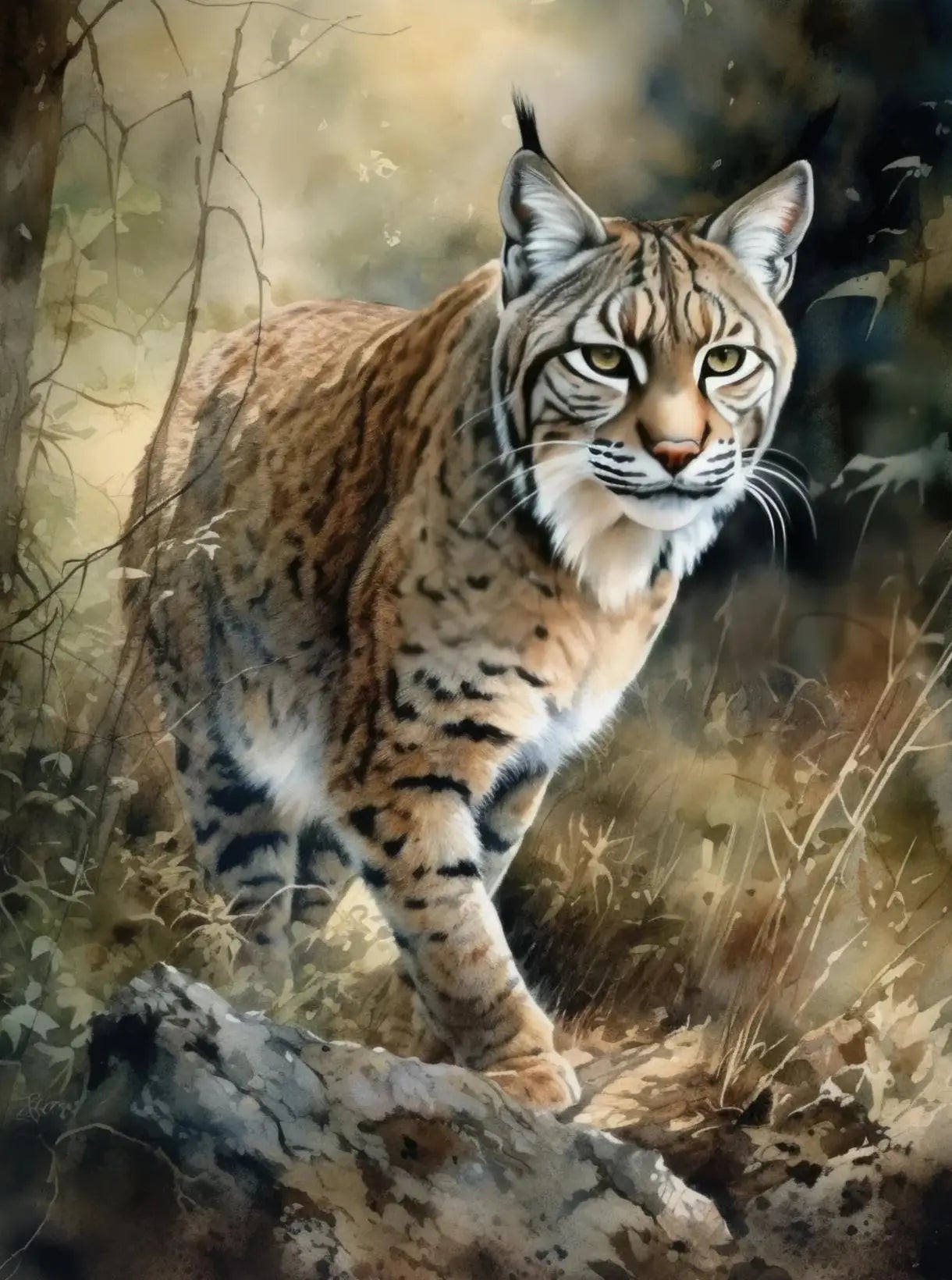 Forest Wildlife Art Poster - Watercolor Canvas Printing of a lynx walking through a sunlit forest. A bold wildlife print for nature lovers.