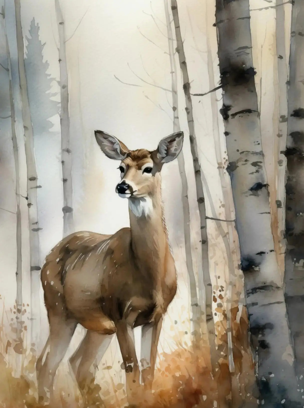 Forest Wildlife Art Poster - Watercolor Canvas Printing of a deer in a birch forest. A soft and calming nature print for home decor.