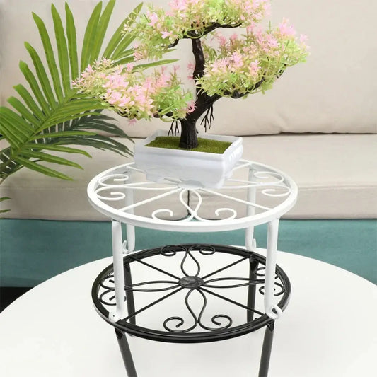 Durable metal potted plant stand in black and white with decorative scroll design, ideal for indoor bonsai display in home garden decor.