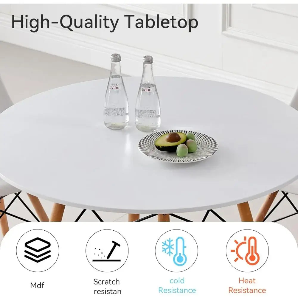 Close-up of high-quality MDF tabletop on 5-piece round dining table set, showcasing scratch, heat, and cold resistance features.