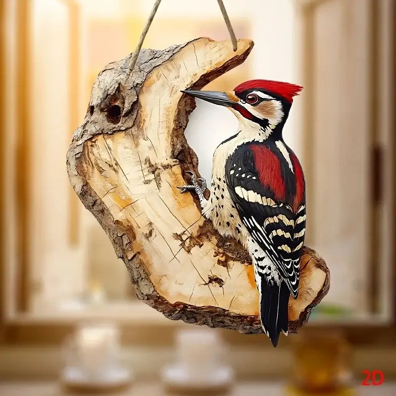 Vintage Wooden Bird Signage - Decor 8in with a red-headed woodpecker on bark wood. A striking wall piece for nature lovers and rustic homes.