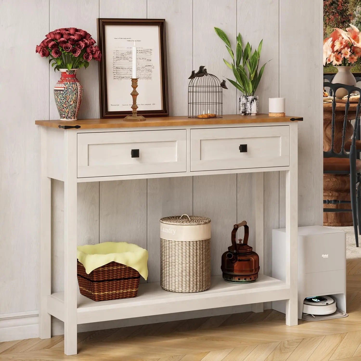 Console Table with 2 Drawer for Entryway styled with decor, flowers, and baskets. Slim design fits modern interiors with functional storage.