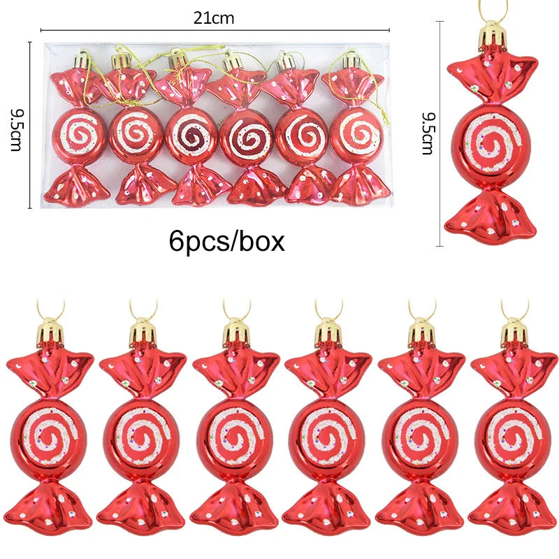 6pcs/box red swirl-wrapped candy ornaments, 9.5cm wide, part of the Christmas Tree Ornaments Set - 6pcs Red Star Candy.