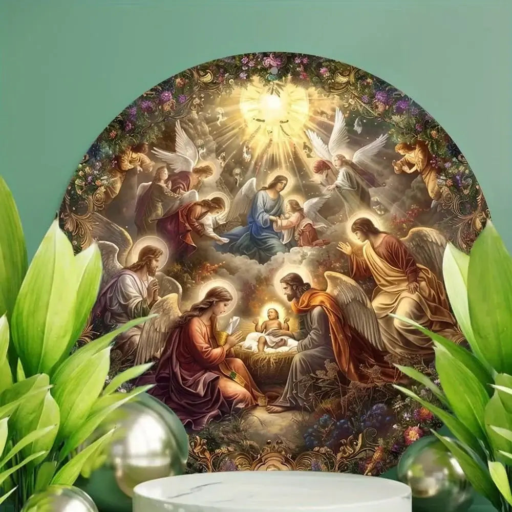 Round Nativity scene metal sign displayed with green plants, perfect for festive indoor or outdoor Christmas decoration.