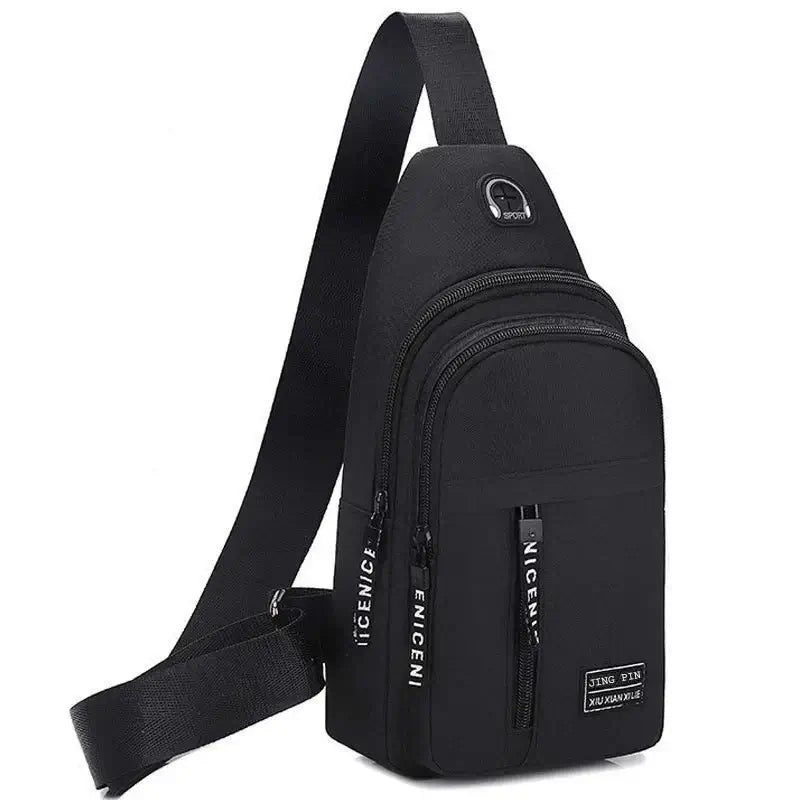 Black multifunctional crossbody shoulder bag with multiple zippered compartments and adjustable strap. Stylish and practical for daily use.