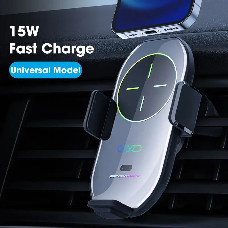A7S Wireless Charger - Magnetic Dashboard 15W fast charge universal model, mounted on car vent with glowing LED ring and secure phone grip.