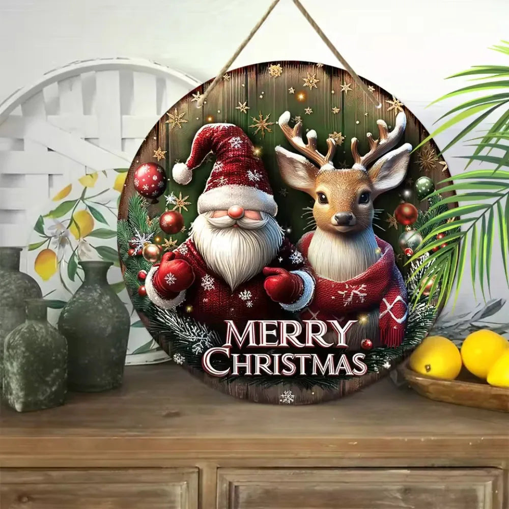 Festive 2D Circular Wooden Merry Christmas Sign - Art Decor | 20cm on a kitchen shelf, adding seasonal cheer to home interior decor.