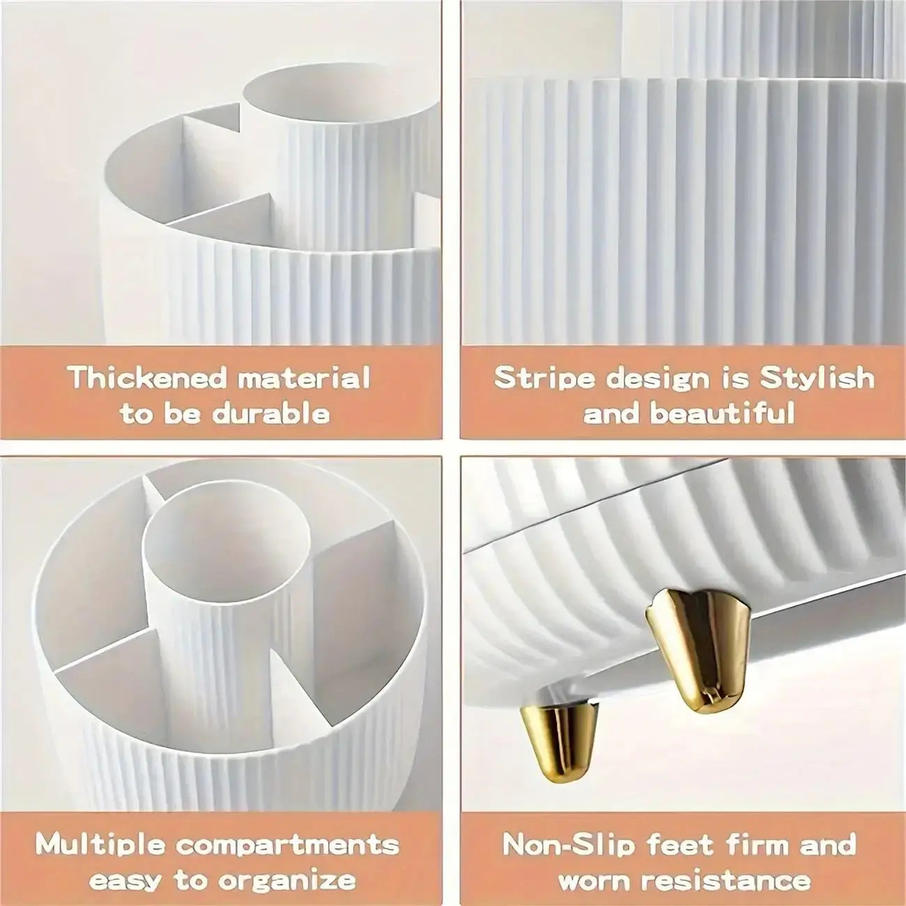 Close-up of white 360 rotating storage box showing durable material, stylish stripe design, multiple compartments, and gold non-slip feet.