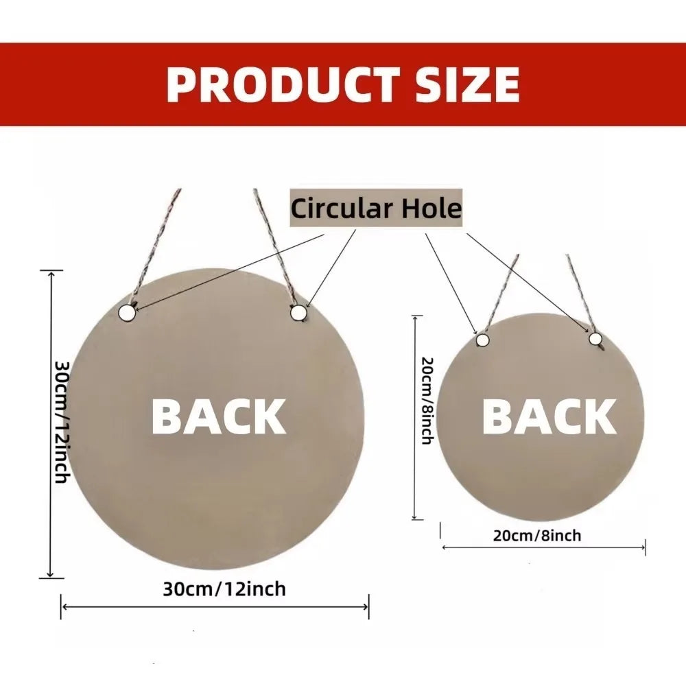 Product size chart showing two circular wooden signs with hanging holes, available in 12-inch and 8-inch diameters for seasonal wall decor.