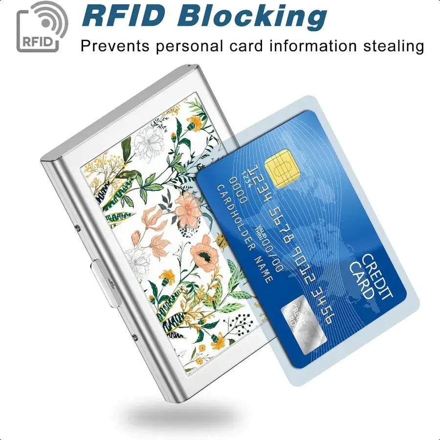 Unisex Slim Metal Credit Card Holder RFID Blocking Mini Wallet with White Flower Design Hard Case