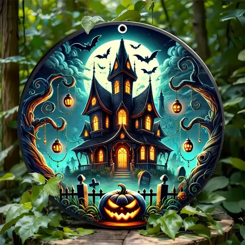 Spooky Halloween haunted house metal sign displayed in a forest setting, ideal for rustic or outdoor Halloween-themed decor.