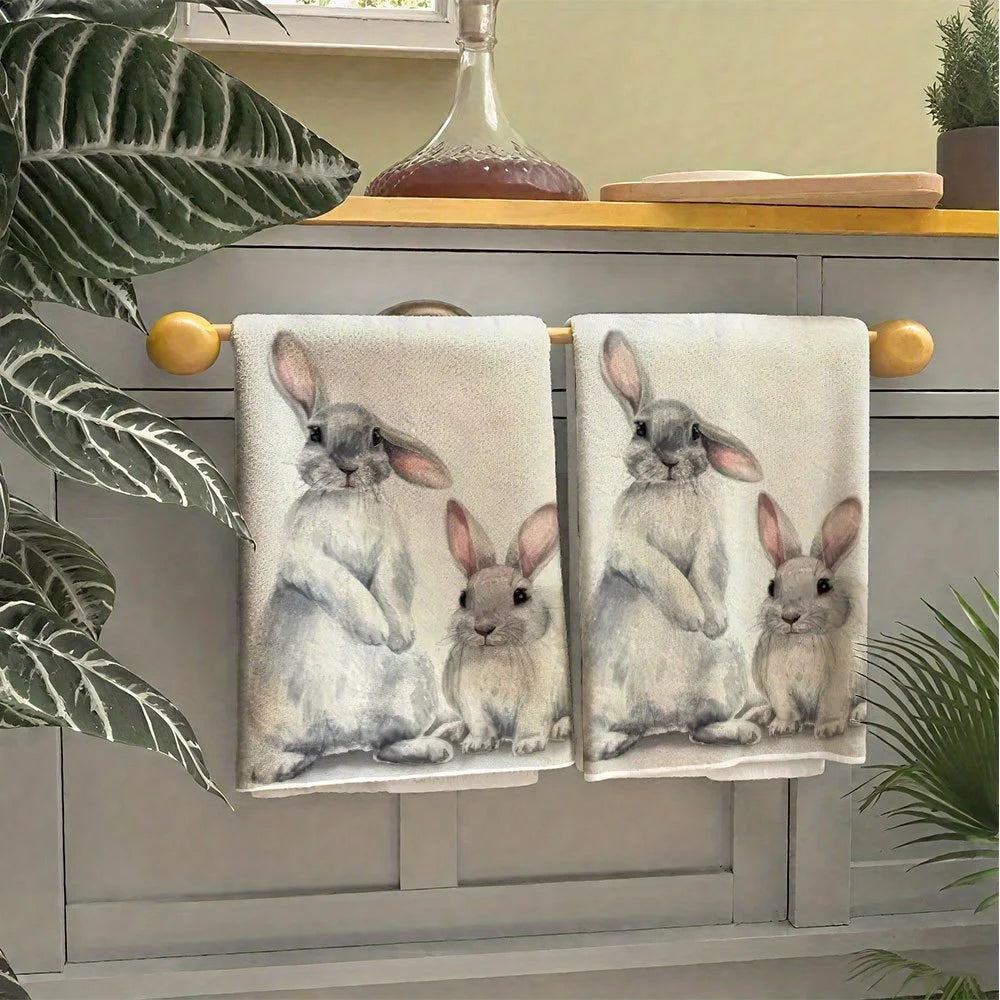 2Pcs, Hand-Painted Gray Rabbit Kitchen Towels Set