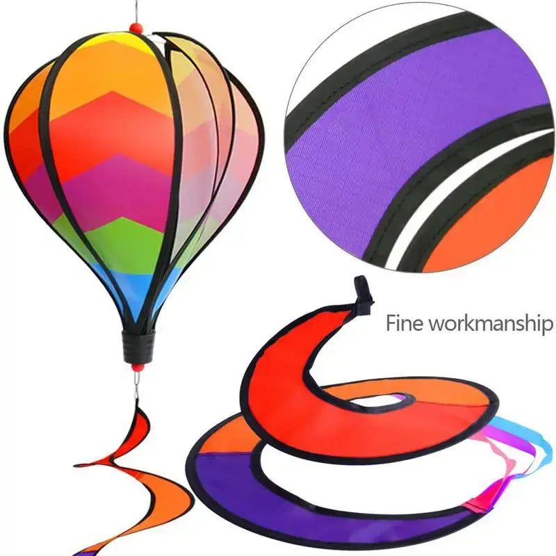 Close-up of Hot Air Balloon Wind Spinner's fine stitching and spiral tail, showcasing quality craftsmanship for long-lasting outdoor decoration.
