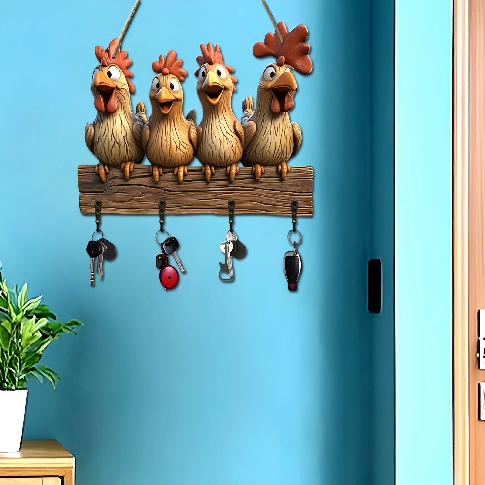 1 Piece 2D Wooden Hanging Decoration with Household Key Hooks Hen Pattern