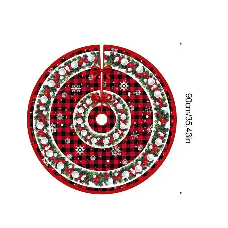 90cm red plaid polyester Christmas tree skirt with pine garlands and white ornaments. Durable and festive for seasonal home decoration.