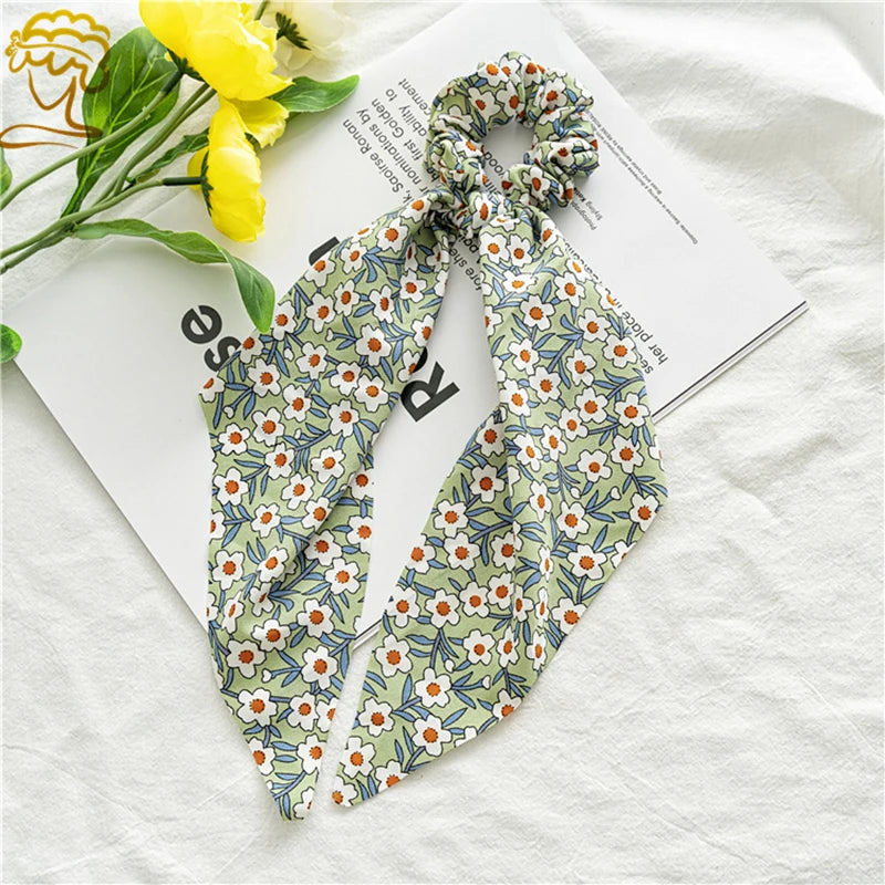 Fashion Print Bow Scrunchies Hair Ribbon