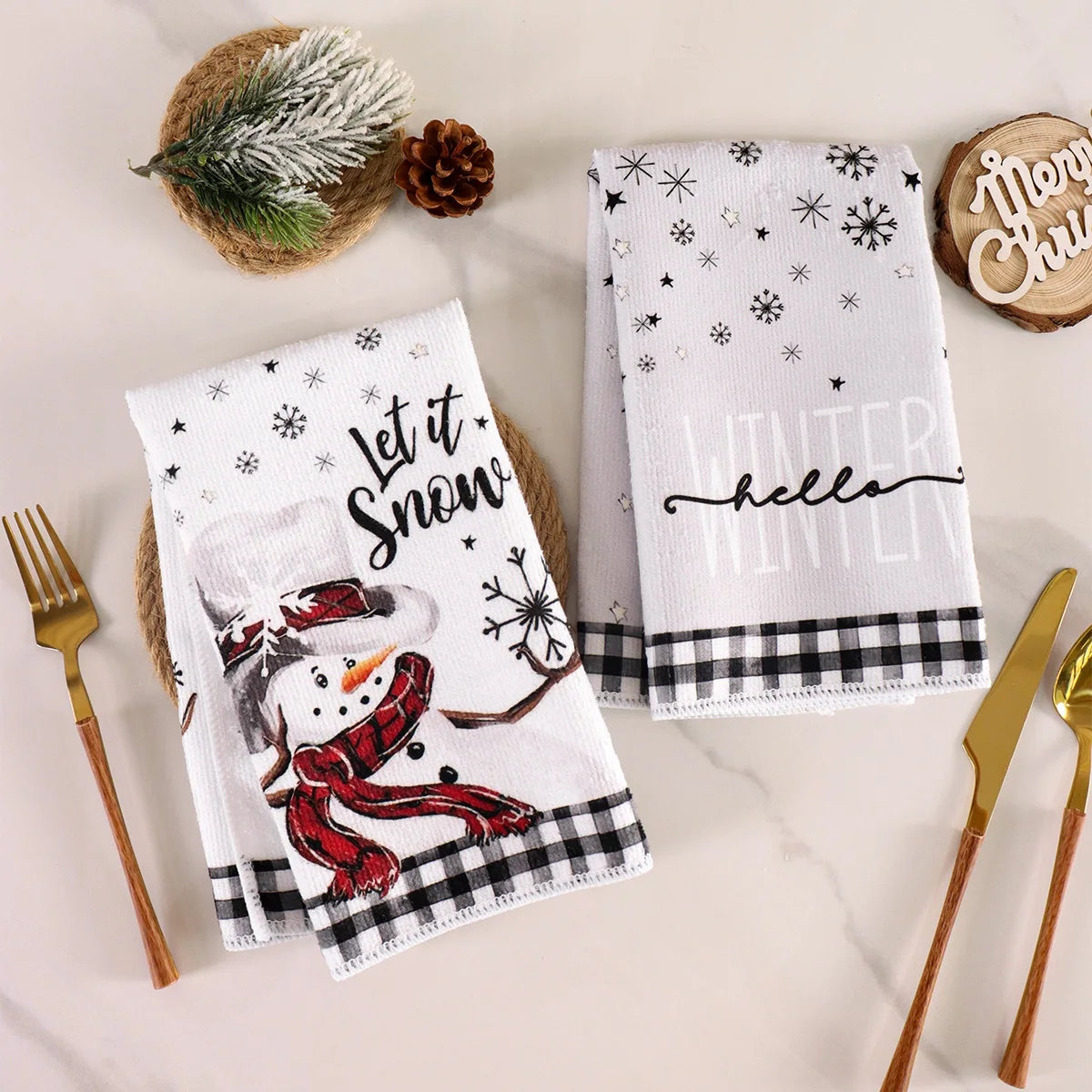2pcs Christmas Kitchen Dishtowels featuring snowman designs with red plaid and festive text, ideal for holiday kitchen décor.