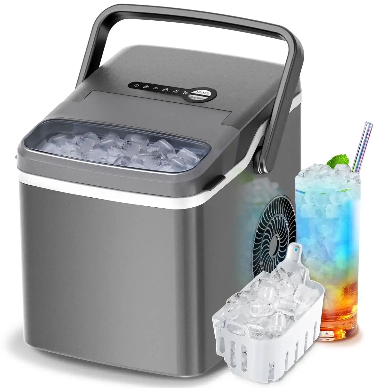 Gray Auseo Ice Maker with handle, ice basket, and colorful drink, offering portability and fast ice production for home or travel use.