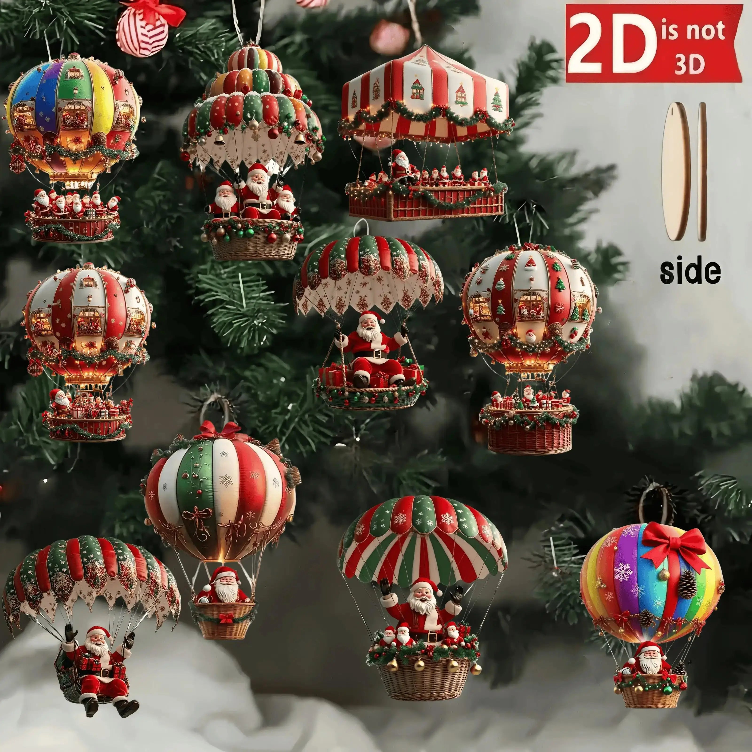 Santa Claus Parachute Wooden Ornaments — Set of 10 Handmade Holiday Hanging Decor
