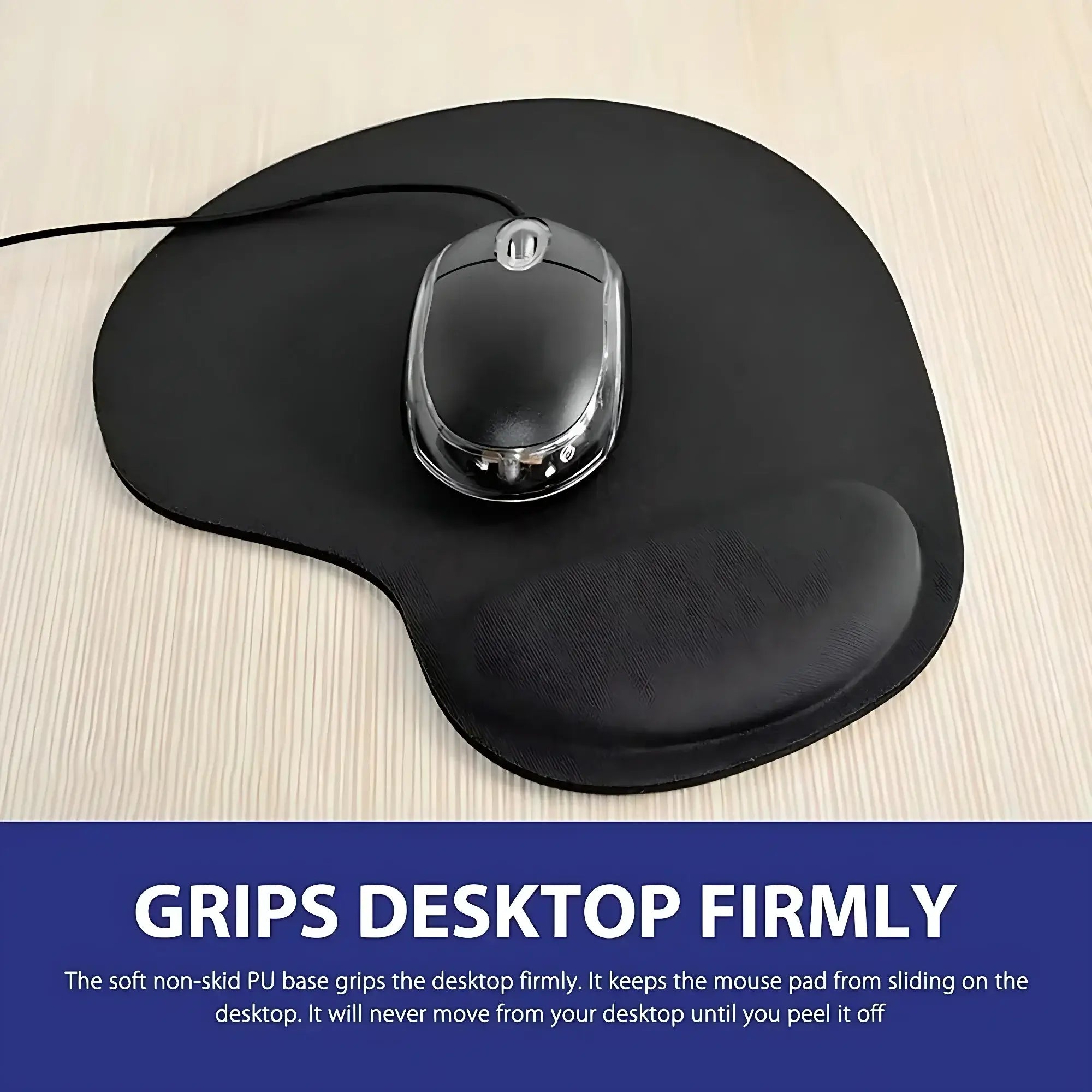 Black Ergonomic Wrist Rest Mouse Pad with non-skid PU base that grips the desktop firmly, preventing unwanted movement during use.