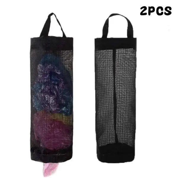 2PCS black mesh kitchen plastic bag holders with elastic bottom. Perfect for hanging and organizing plastic bags in kitchens or bathrooms.