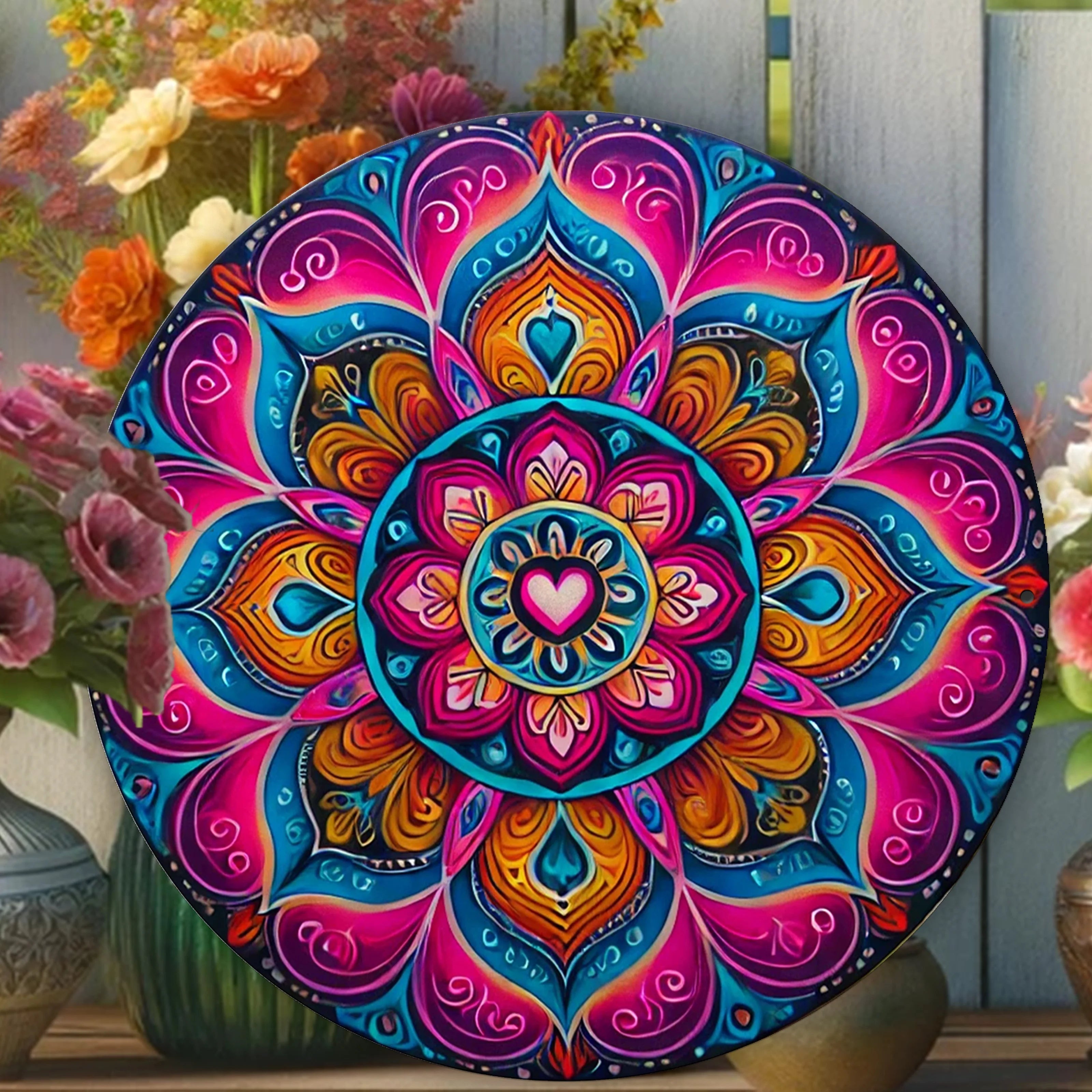 Mandala Metal Wall Art with vibrant pink, blue, and orange design displayed outdoors among floral decor. Durable aluminum for garden or patio use.