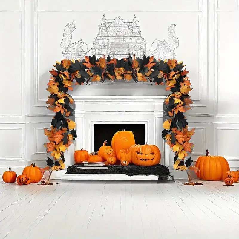 Halloween Maple Leaf Garland decorates a fireplace with pumpkins and bats. Perfect for indoor fall and Halloween-themed home styling.
