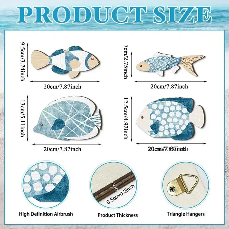 Product size chart for Wooden Nautical Fish Wall Sculpture set, showing dimensions, thickness, and triangle hangers for easy wall mounting.