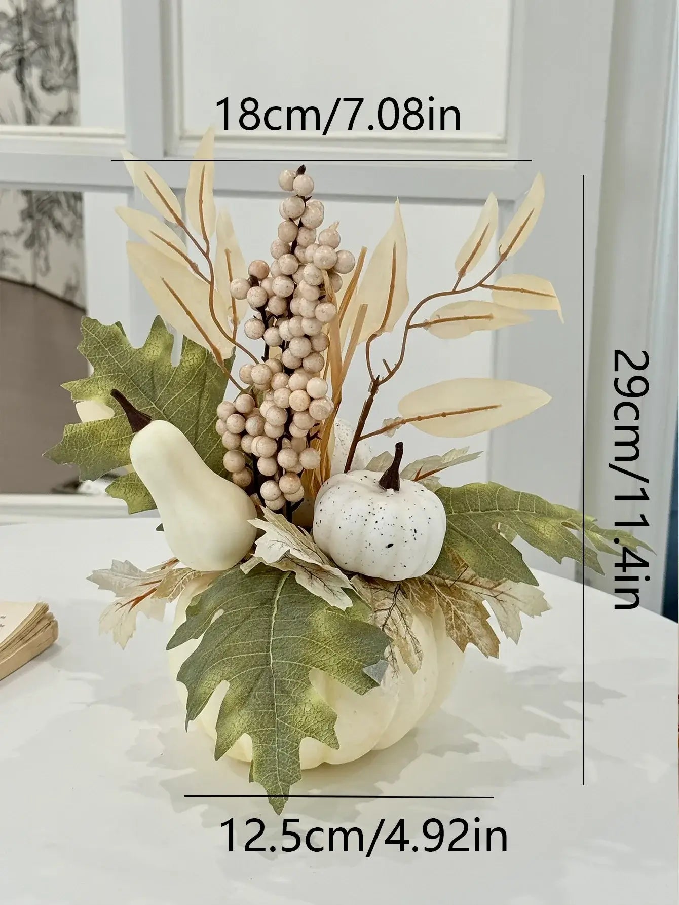 White Halloween Pumpkin Decor - Realistic 1pc polyester pumpkin with green leaves, berries, and gourd, measuring 12.5x29cm for festive home styling.