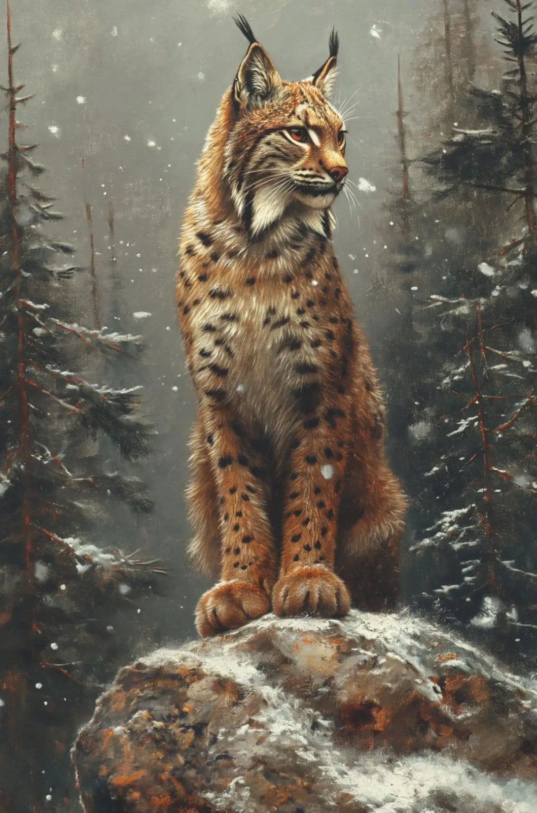 Forest Wildlife Art Poster - Watercolor Canvas Printing of a lynx on a snowy rock in a pine forest. A dramatic and wintry wildlife artwork.