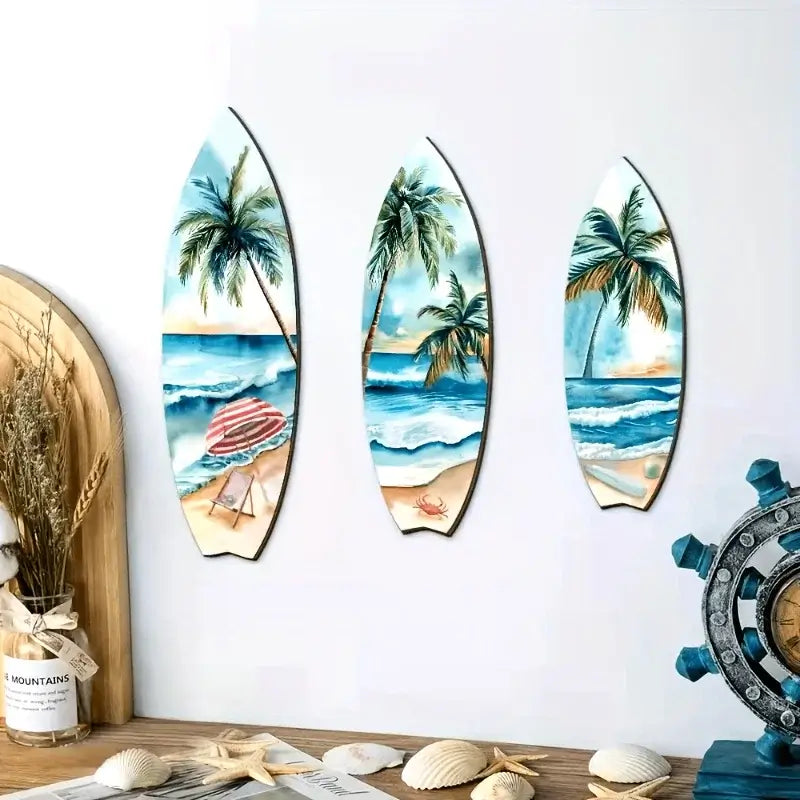 Set of 3 Handcrafted Wooden Surfboard Wall Decor with beach and wave designs mounted above a nautical-themed desk setup.