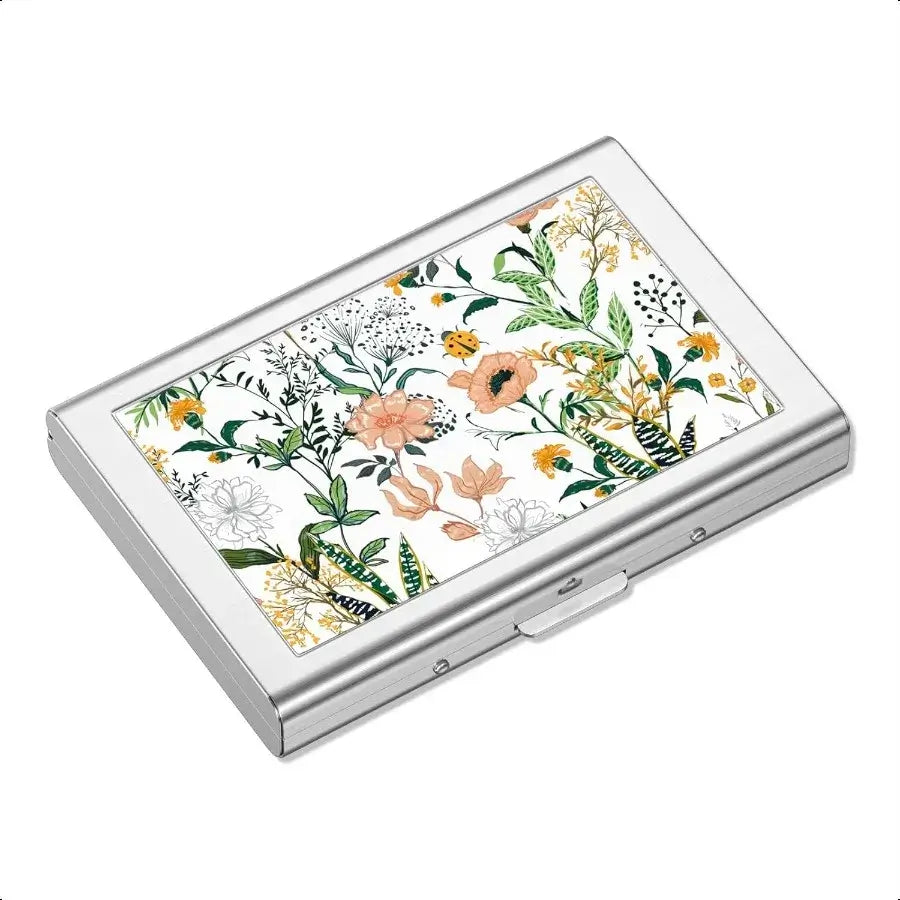 Unisex Slim Metal Credit Card Holder RFID Blocking Mini Wallet with White Flower Design Hard Case