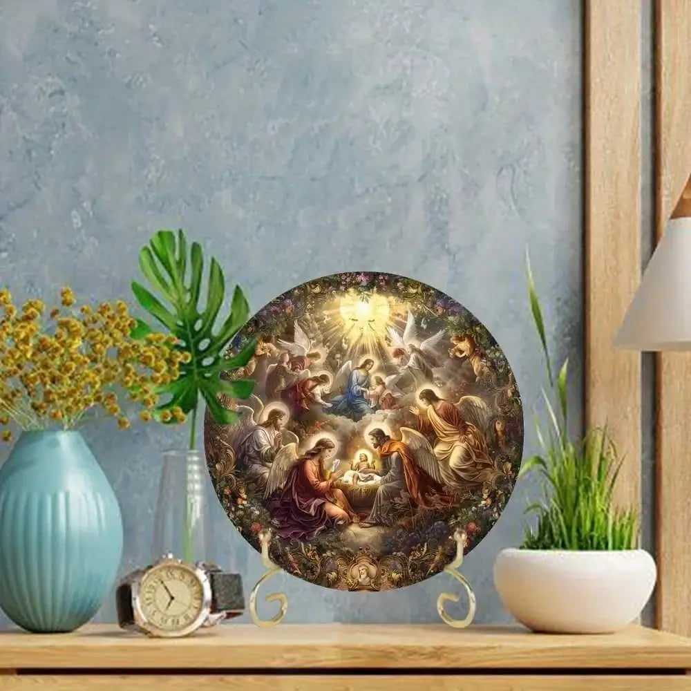 Vintage round Nativity aluminum sign on a tabletop stand, enhancing home decor with religious holiday charm.