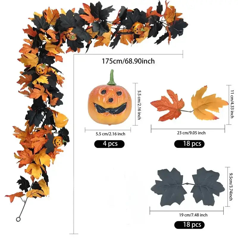 Detailed size chart of Halloween Maple Leaf Garland with pumpkins and bats. Includes leaf and spider counts for accurate decoration planning.