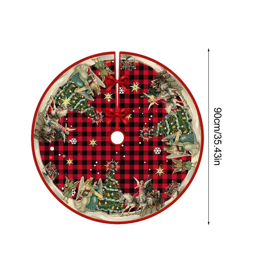 Vintage-style 90cm polyester Christmas tree skirt with red plaid background and holiday scene. Ideal for traditional festive home decor.