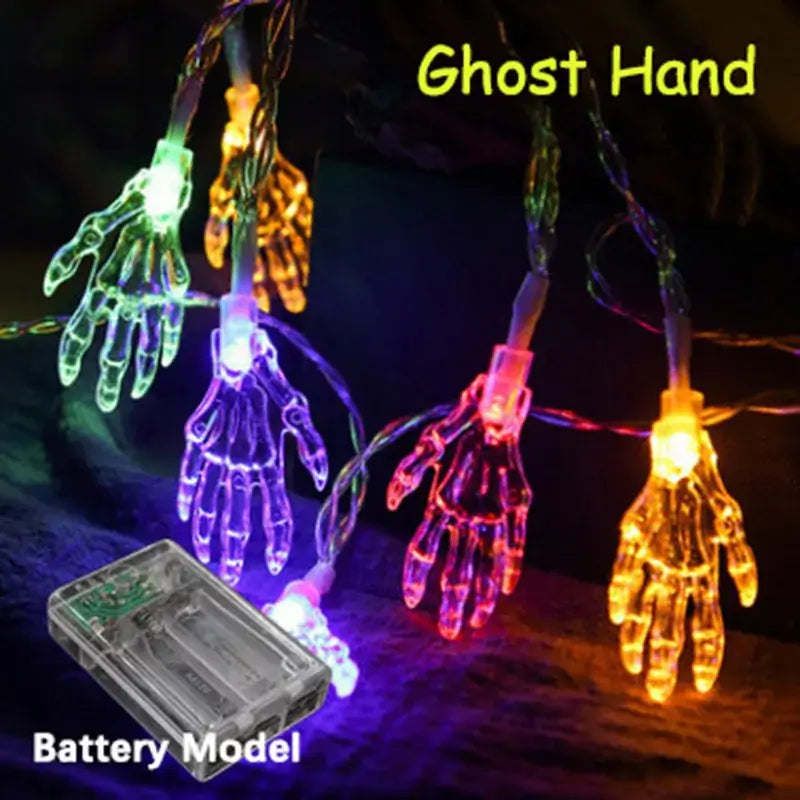 Colorful ghost hand LED string lights with battery pack. Unique Halloween decor for parties and haunted themes.
