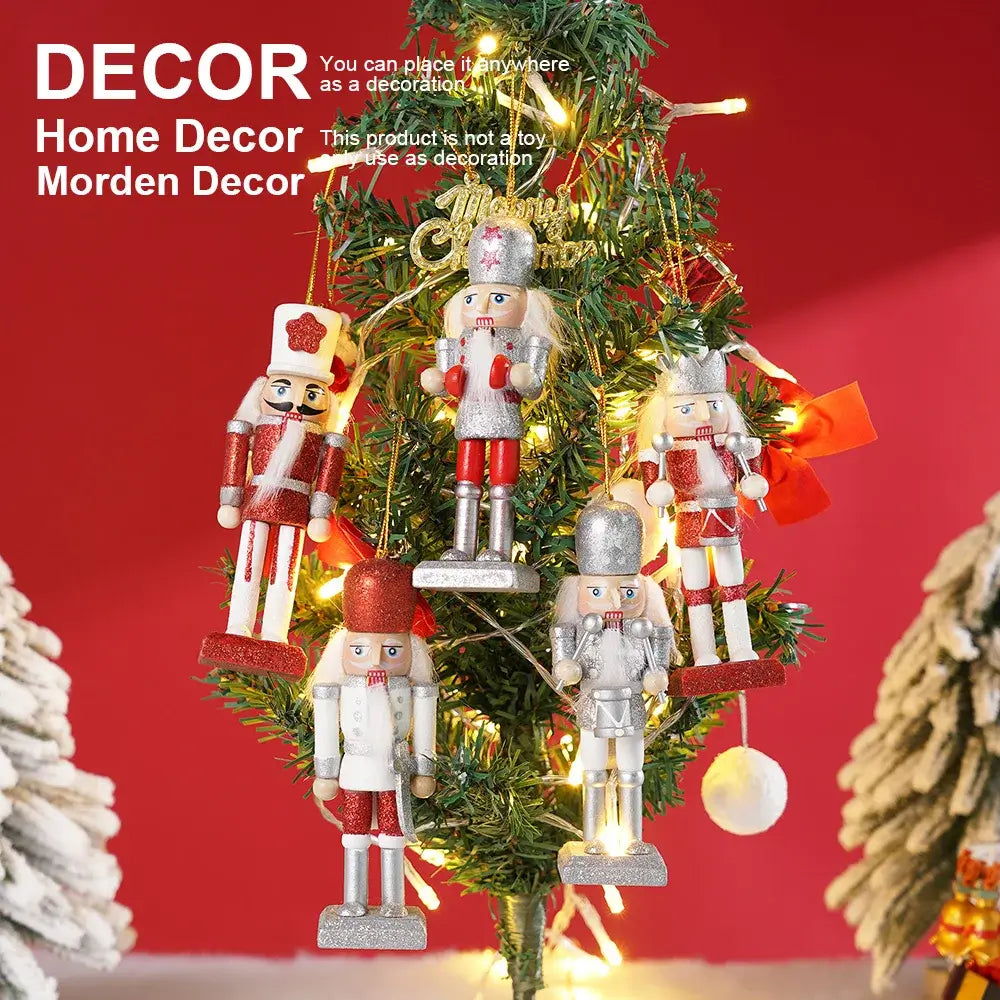 Wooden Nutcracker Soldier Set hanging on a Christmas tree, showcasing festive handcrafted design for modern holiday home decor.