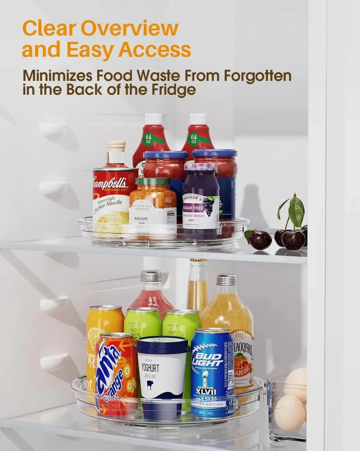 360 Rotating Cabinet Organizer placed in refrigerator holding drinks and sauces. Helps reduce food waste with clear overview and easy access.