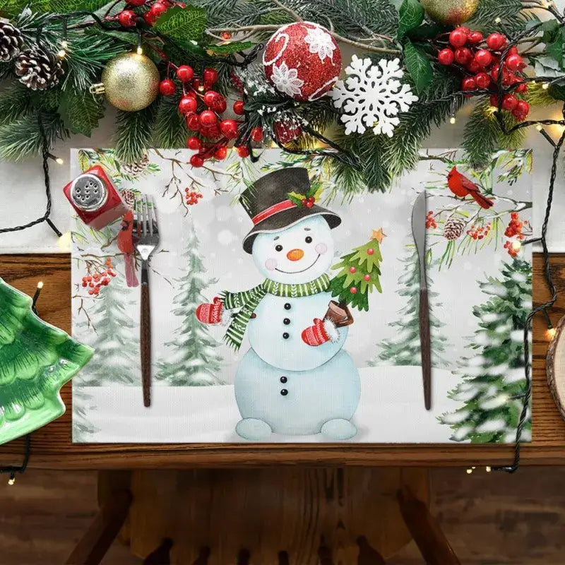 Linen placemat with cheerful snowman and Christmas trees, perfect for seasonal dining. Absorbs water and resists creases.
