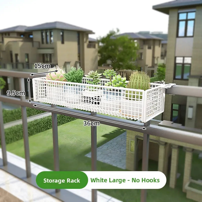 White large Balcony Plant Stand Windowsill without hooks, 36cm wide. Spacious and rust-resistant for balcony plant display.