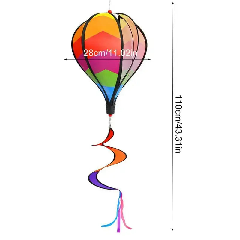 Hot Air Balloon Wind Spinner with dimensions 110cm x 28cm, featuring vibrant colors and spiral tail. Great for garden decor and festive events.