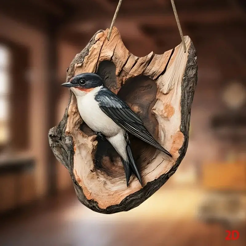 Vintage Wooden Bird Signage - Decor 8in featuring a black and white bird perched in a hollowed wood slice. Rustic wall art for nature-themed rooms.