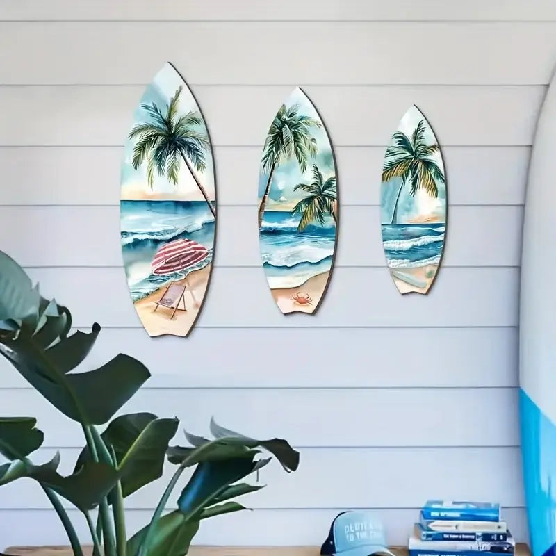 Handcrafted Wooden Surfboard Decor 3PCS Set on a shiplap wall beside indoor plants, enhancing a beach house aesthetic.