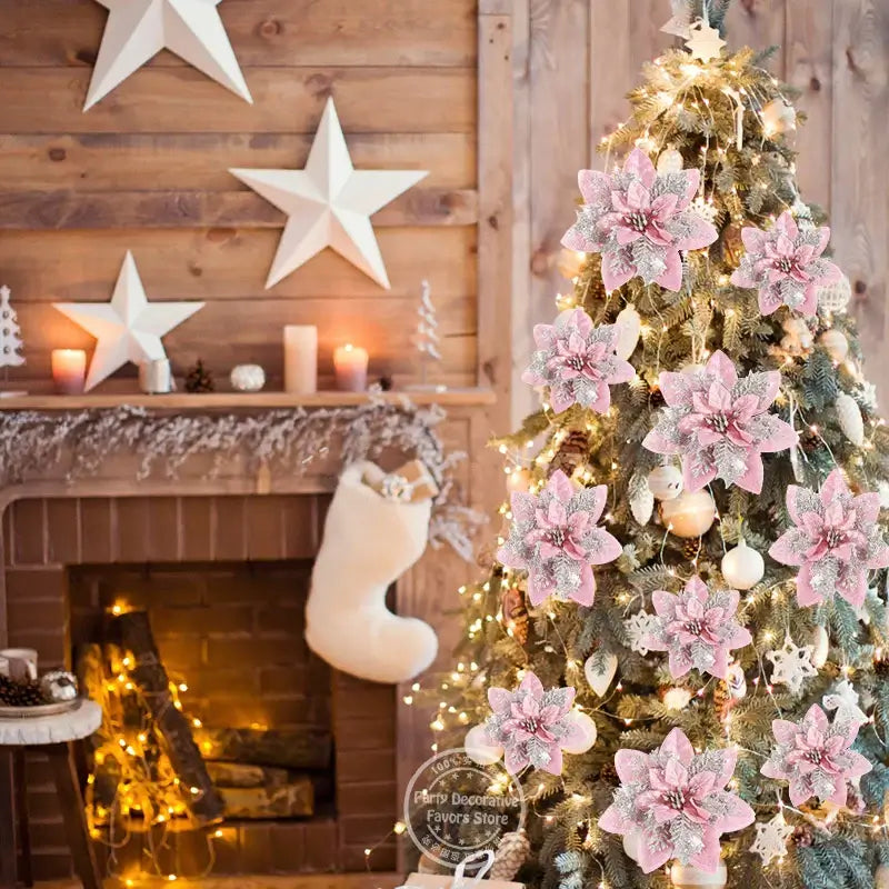 Glitter Pink Christmas Ornaments - 5/10Pcs Set displayed on a decorated Christmas tree beside a cozy fireplace. Sparkling pink flowers enhance festive home decor.