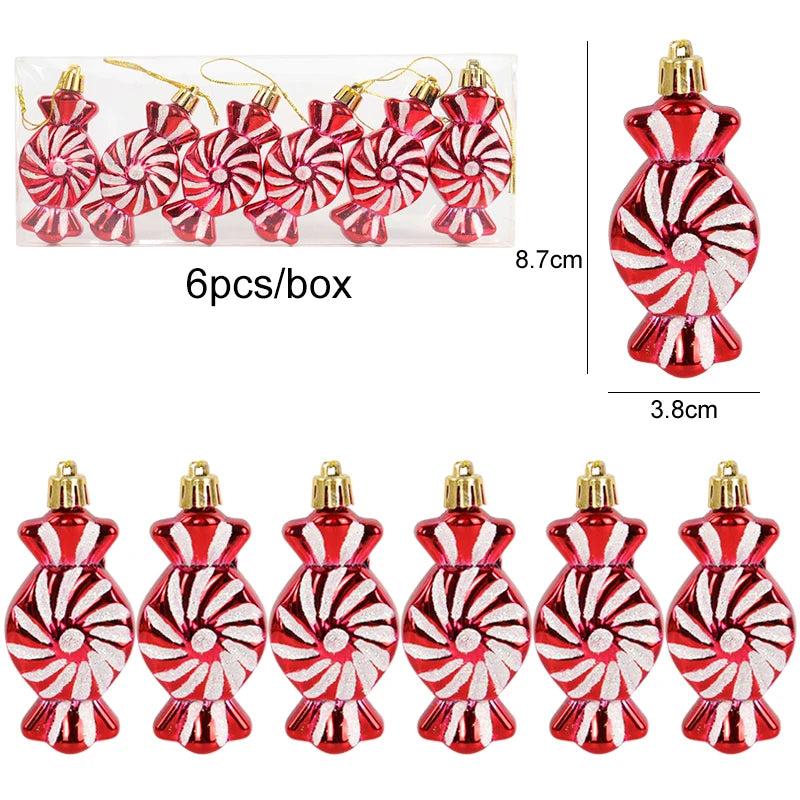 6pcs/box red and white swirl-wrapped candy ornaments, 8.7cm tall, part of the Christmas Tree Ornaments Set - 6pcs Red Star Candy.