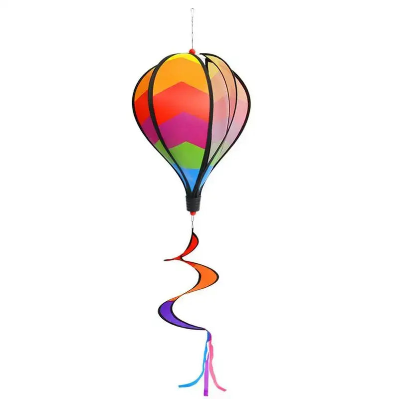 Single Hot Air Balloon Wind Spinner with rainbow spiral tail, designed for outdoor decoration. Durable and easy to hang in gardens or patios.