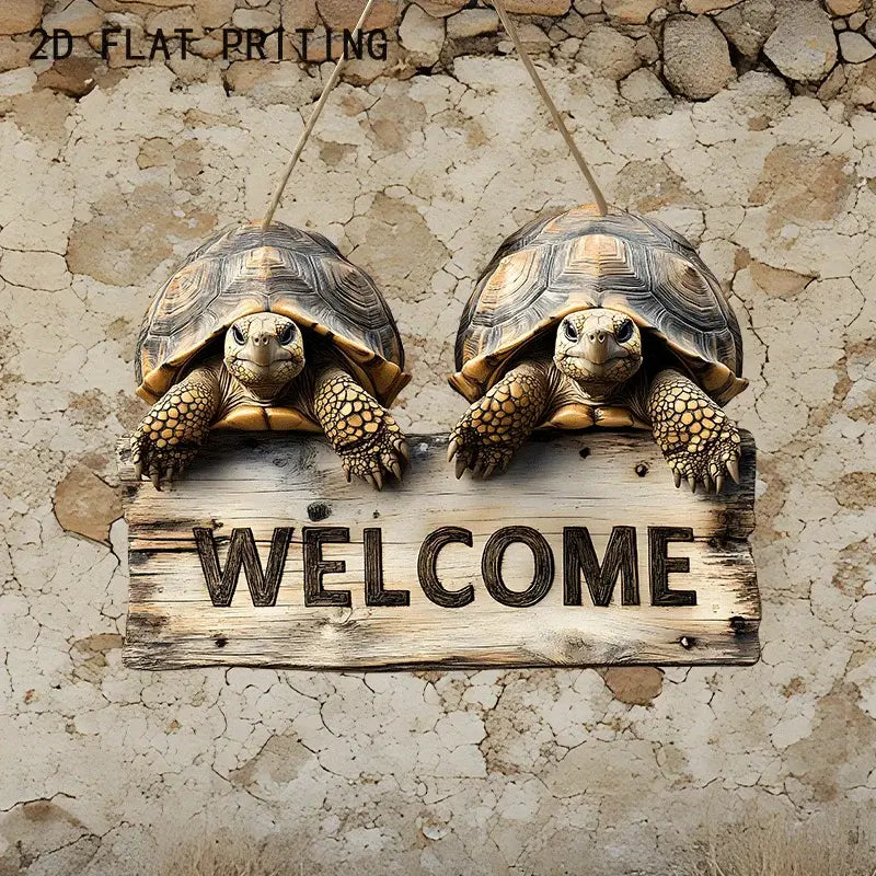 2D Woodcut Wooden Welcome Sign with two realistic turtles on a weathered plank. Precision-cut 9.80 inch novelty sign for garden or entryway.