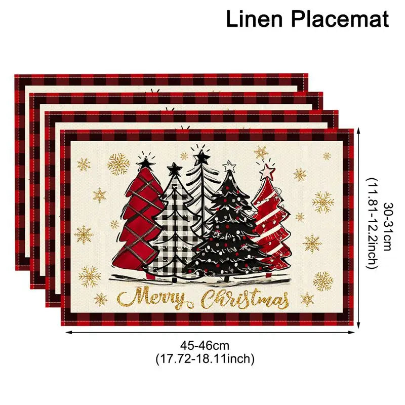Buffalo plaid Christmas tree Linen Placemats with gold snowflakes and 'Merry Christmas' text. Made from durable linen for festive dining.
