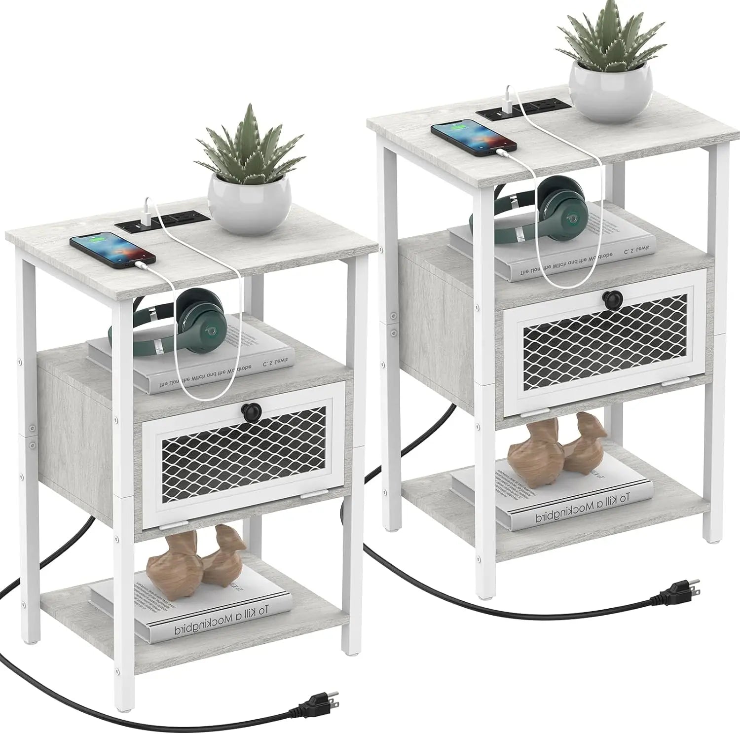 Set of 2 Nightstand Charging Station End Side Table